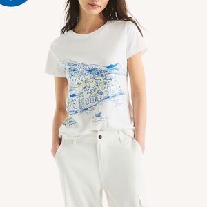 Nautica White Tee Scenic Blue Print M Graphic T-Shirt Italy Cotton Jersey